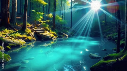 sunlight penetrates the forest of the small lake.Seamless 4k time lapse virtual video animation 