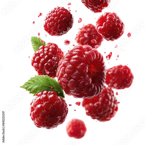 Fresh raspberries in motion against a black background