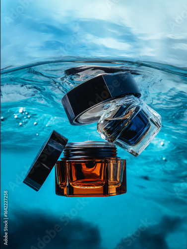 Beauty Skincare Creams Jars Underwater Packaging Cosmetic Bottles Moisturizing Organic Products Transparent Luxury Essence Aqua Wellness Vibrant Clear Purity Nurturing Hydration Reflection