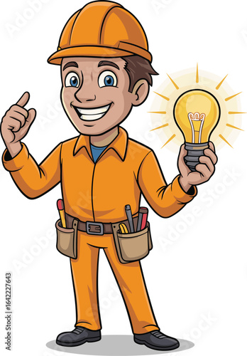 Cartoon electrician with glowing light bulb, orange uniform, hard hat, tool belt, pointing gesture, electrical work concept, innovation idea
