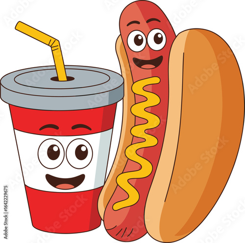 Cartoon hot dog and soda cup, smiling faces, mustard topping, red drink cup with straw, fast food mascot illustration
