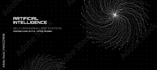 Artificial intelligence concept with swirling data lines and text. Futuristic self-organizing logic systems visualization in a digital space.