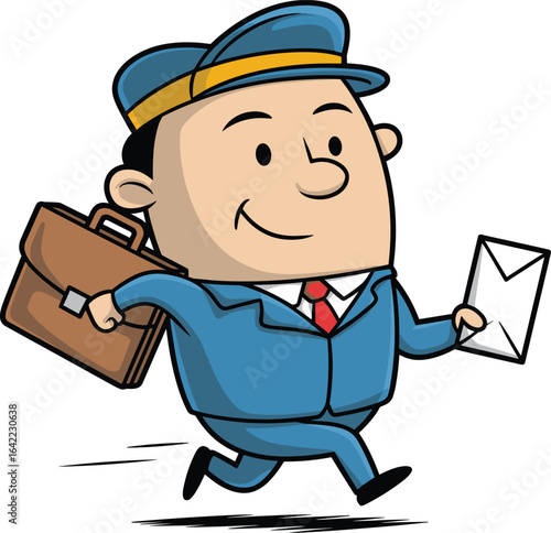 Cartoon mail carrier, blue uniform, yellow hat band, holding envelope and briefcase, running pose, cheerful delivery character illustration