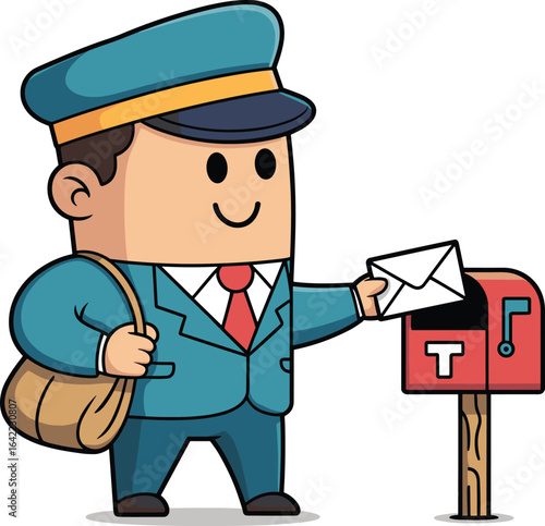 Cartoon mail carrier, blue uniform, yellow-banded hat, brown mailbag, placing envelope, red mailbox, cheerful postal character illustration