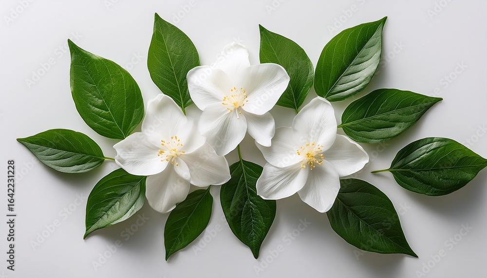 Fototapeta premium flat lay composition of white jasmine flowers and green leaves on white background