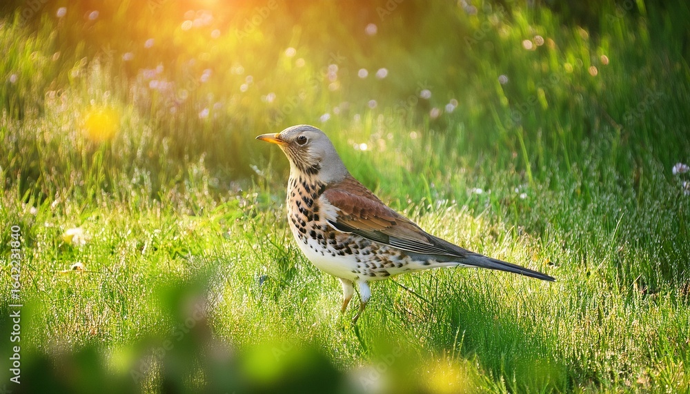 Fototapeta premium fieldfare bird on vibrant green lawn