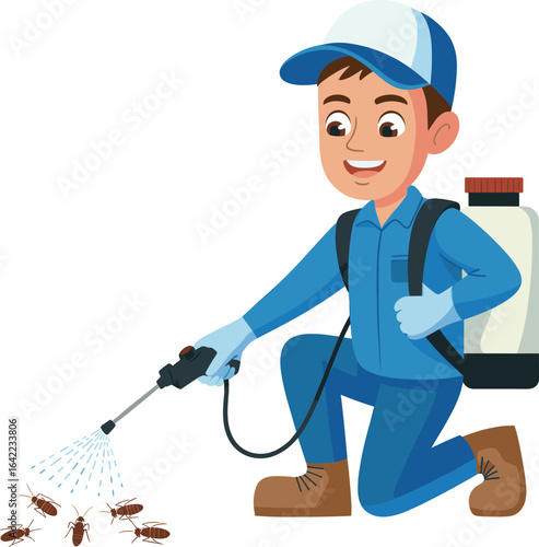 Cartoon pest control worker spraying cockroaches, blue uniform, pesticide backpack, hygiene service, exterminator action, insect removal concept