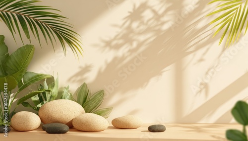 Natural, sun-drenched display with tropical plants and smooth stones.