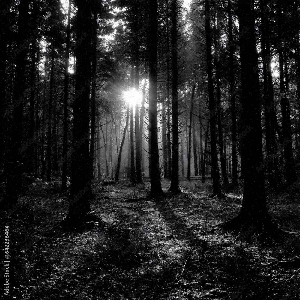 Fototapeta premium Blackandwhite Forest Silhouettes Sunlight Shadows Mist Fog Wilderness Path Trees Nature Atmospherics Serene Landscape Tranquil Outdoors Beauty Natural Evening Reflection Exploration Adventure