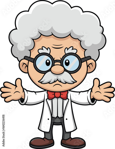 Cartoon scientist character with white hair, lab coat, red bow tie, glasses, mustache, outstretched arms, professor or science concept