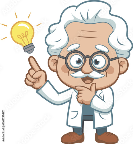Cartoon scientist with light bulb idea, white lab coat, glasses, thoughtful pose, raised finger, inspiration and innovation concept