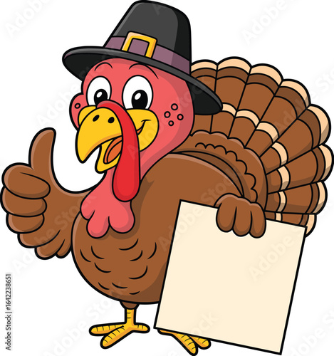 Cartoon Thanksgiving turkey with pilgrim hat, thumbs up, blank sign, cheerful expression, festive bird character, holiday greeting concept