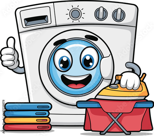 Cartoon washing machine with smiling face, holding iron, thumbs up, folded clothes, ironing board, cheerful household chore concept