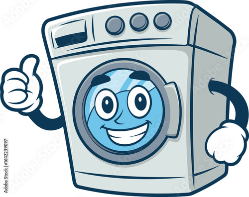 Cartoon washing machine, smiling face, thumbs-up gesture, expressive eyes, friendly appliance character, household mascot, laundry vector illustration