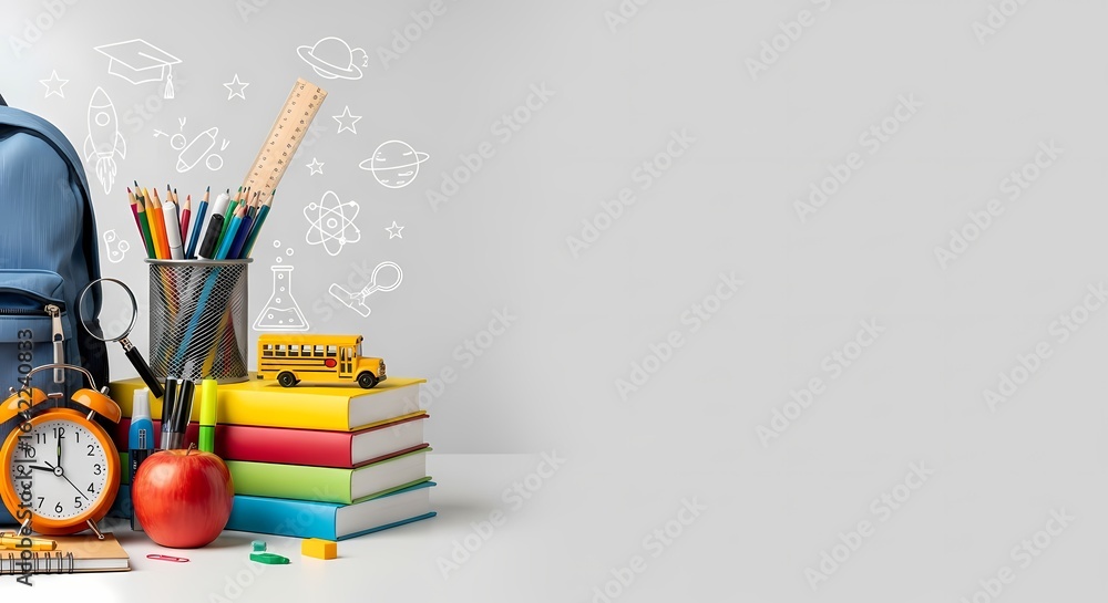 Obraz premium School supplies background with books and apple photo