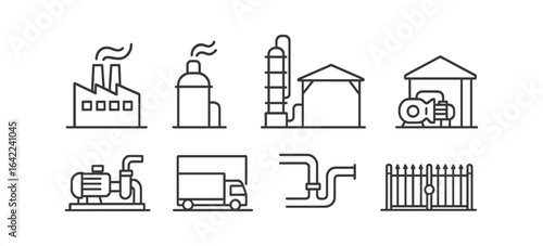 Industry and manufacturing outline icon set. factories, pipelines, and equipment icons
