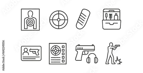 Shooting and firearm linear icon set. target, scope, gun safety kit icons collection