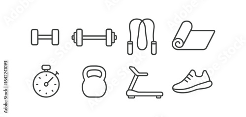 Fitness icon set: linear gym equipment, exercise, training symbols for workouts