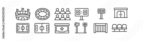 Sports venue outline icon set. stadiums, arenas, and courts collection