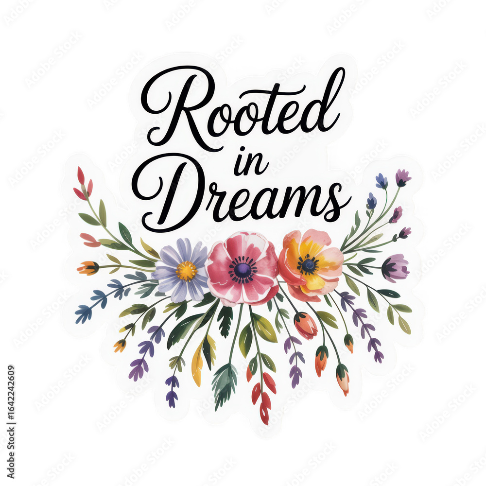 Obraz premium Rooted in Dreams Watercolor Flowers Inspirational Text