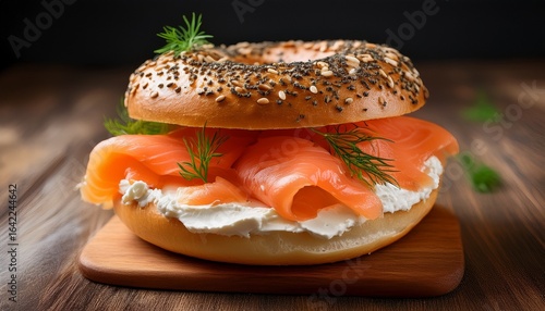 delicious bagel and lox topped with cream cheese and fresh salmon on a wooden board