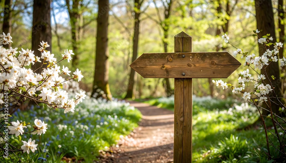 Naklejka premium Spring blossoms around wooden trail sign at nature reserve entrance