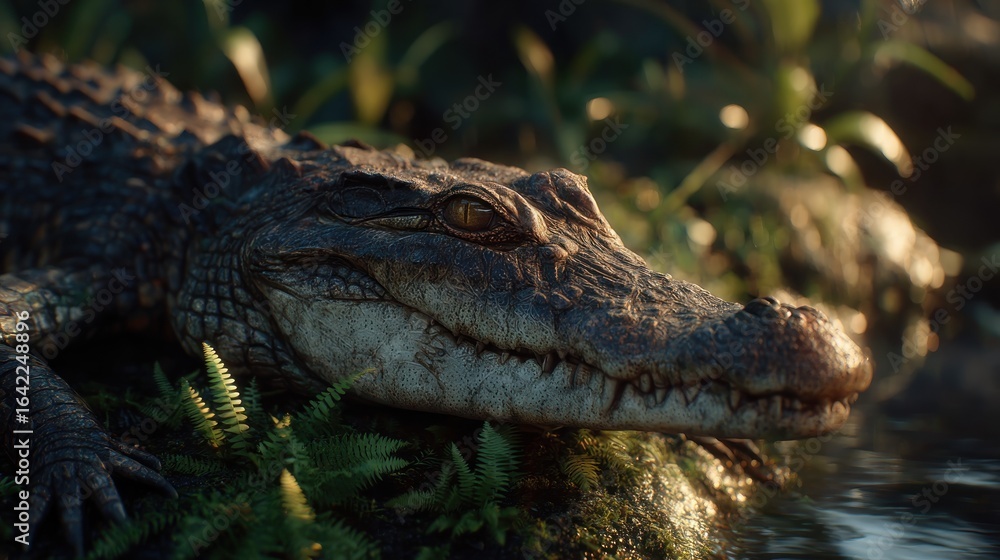 Obraz premium Detailed close-up shot of an alligator resting near water in a natural environment