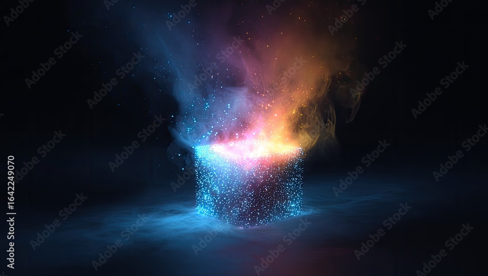 Fototapeta premium Abstract glowing cube with swirling smoke
