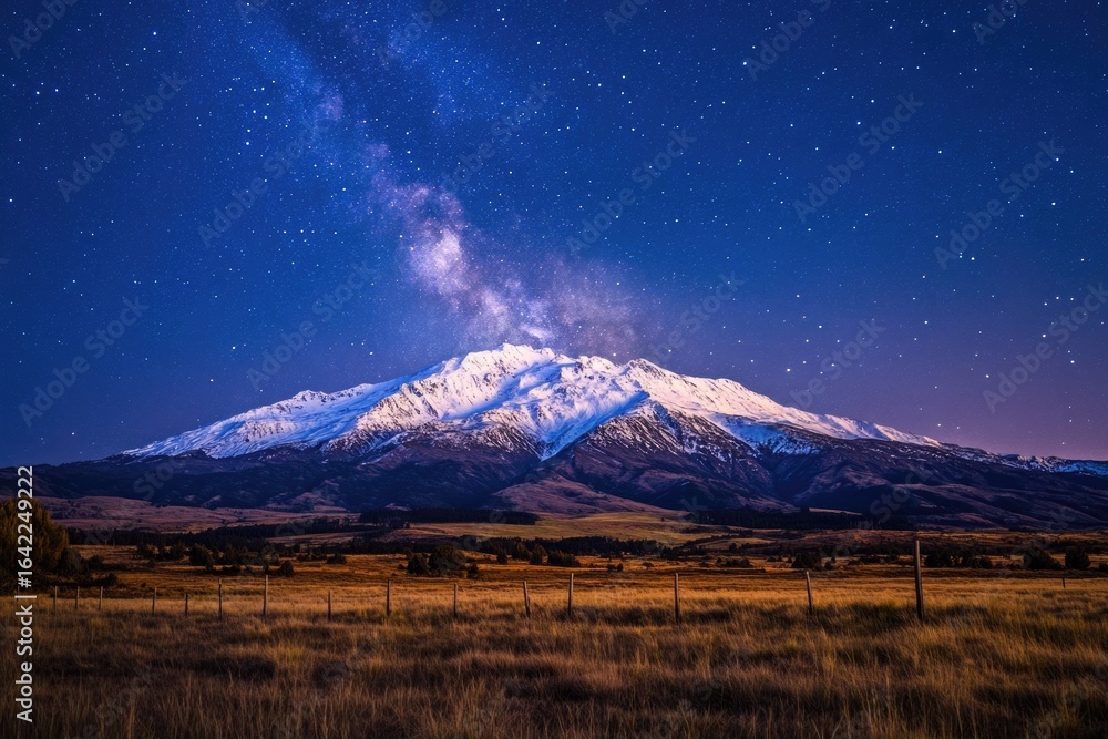 Fototapeta premium Snow-capped mountain under a breathtaking milky way, illuminated field in the foreground, stars twinkling in the dark blue night sky.
