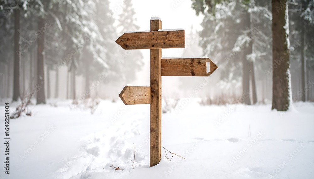 Naklejka premium Winter Snow Covered Wooden Signpost in a Misty Forest Crossroads