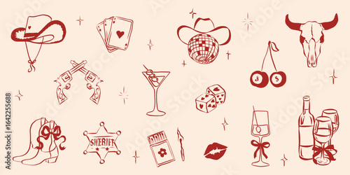 Cowgirl and cowboy set in hand drawn coquette style. Retro whimsical icons for groovy girls birthday party. Trendy and cute art for bachelorette invitation. Doodle aesthetic vector illustration