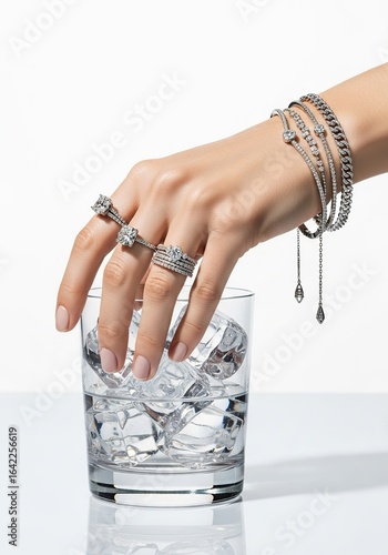 Female Hand Wearing Silver Rings and Bracelets Holding Glass of Water with Ice Cubes