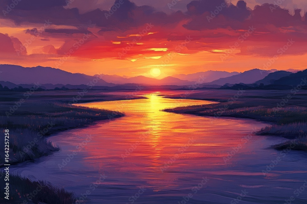 Fototapeta premium A serene river reflects a vibrant sunset sky over distant mountains, showcasing nature's peaceful beauty in a painterly style.