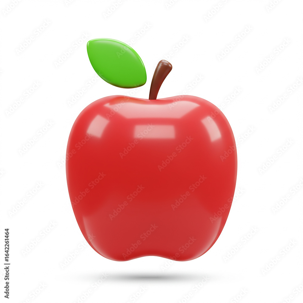 Obraz premium A shiny, red apple with a green leaf on a white background.