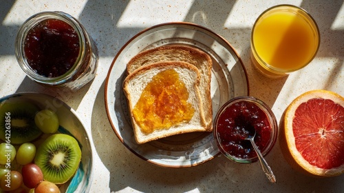 Breakfast spread with toast jam fruit and juice