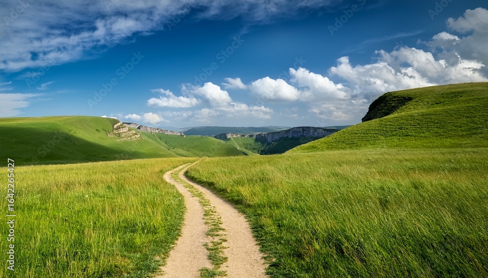 Obraz premium a winding dirt path meanders through lush green grasslands under a partly cloudy blue sky leading toward distant cliffs and rolling hills