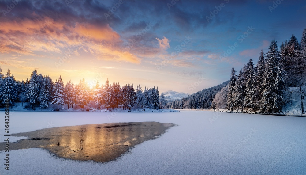 Fototapeta premium a winter landscape featuring a long straight road flanked by snow covered trees and leading to a majestic mountain