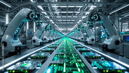 Wallpaper Mural Robotic arms meticulously assembling circuit boards in a high-tech factory setting. Torontodigital.ca