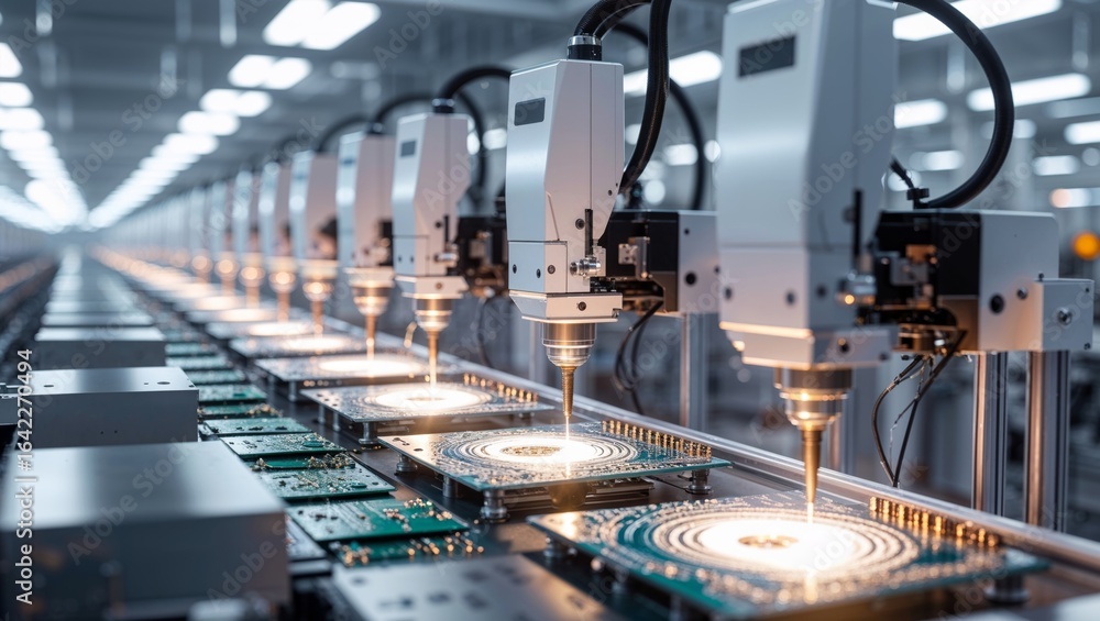 Fototapeta premium Robotic arms meticulously assembling circuit boards on an automated production line in a factory.