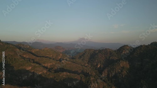 Aerial view of the Popocatépetl volcano in Mexico, seen from beautiful meadows. Mountains and volcanoes of Mexico, travel and vacation concept, 4k nature.
