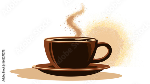 A steaming cup of coffee is on a matching saucer with a coffee-colored background. The image gives a warm, cozy vibe, inviting relaxation.