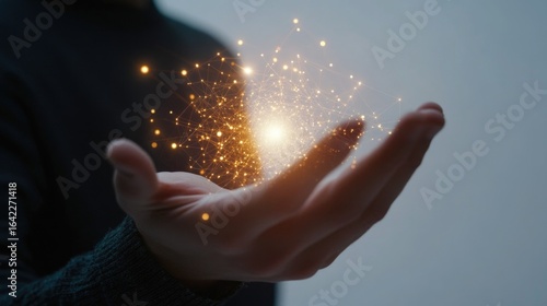 Close up hand of man holding illuminated light in white background. idea, innovation, thinking, and inspiration for business concepts. Cyber digital data idea.
