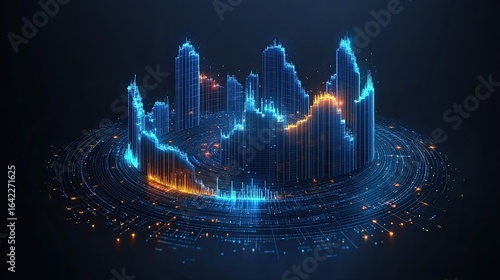 Futuristic Cityscape Visualization with Digital Architecture and Data Flow