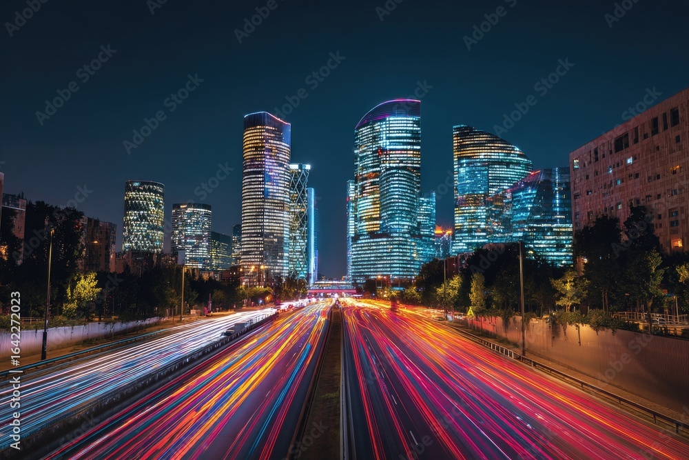 Fototapeta premium City lights at night. Highway traffic streaks