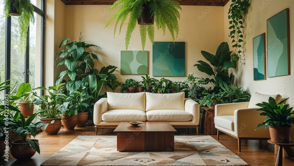 Obraz premium A sun-drenched living room boasts lush greenery and a cozy, modern design.