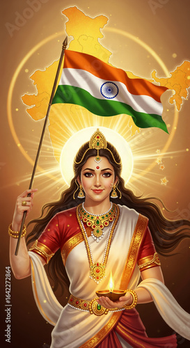 Bharat Mata Inspired Glory Map of India Aura, Regal White Saree, Patriotism Illuminated