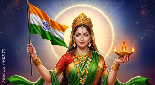 Bharat Mata Divine Splendor Vibrant Green Attire, Shining Tricolor, Spiritual Unity Radiates
