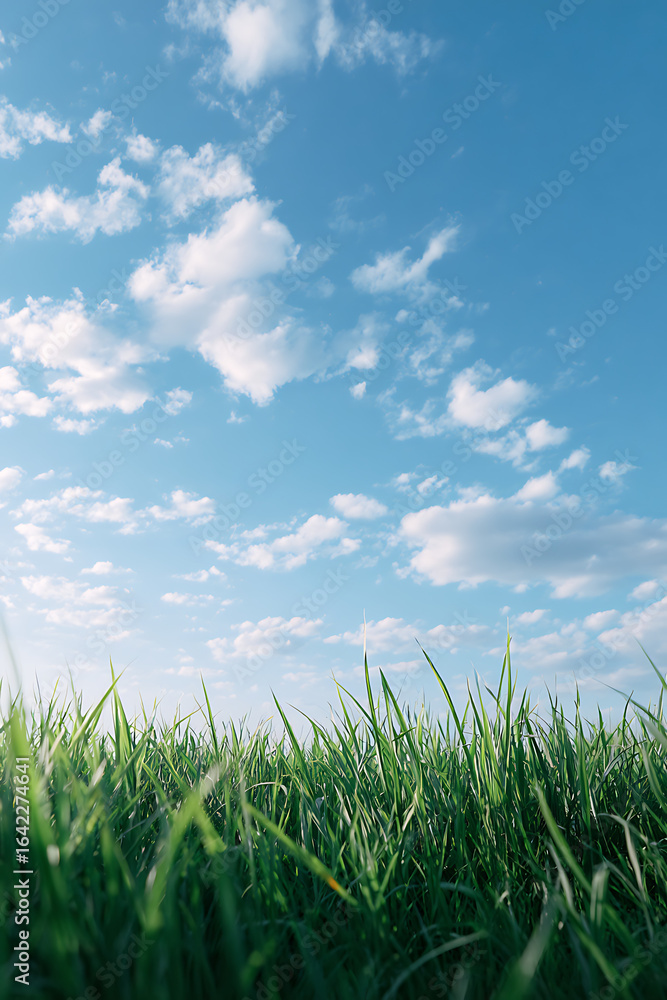 Fototapeta premium A Peaceful Vertical Image Of Clear Sky Above Grassy Field, Evoking Harmony And Stillness