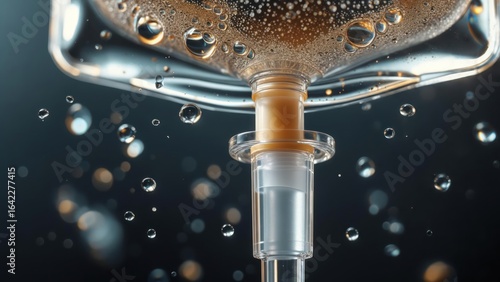Intravenous Drip: Amber Fluid, Suspended Droplets, Macro Photography