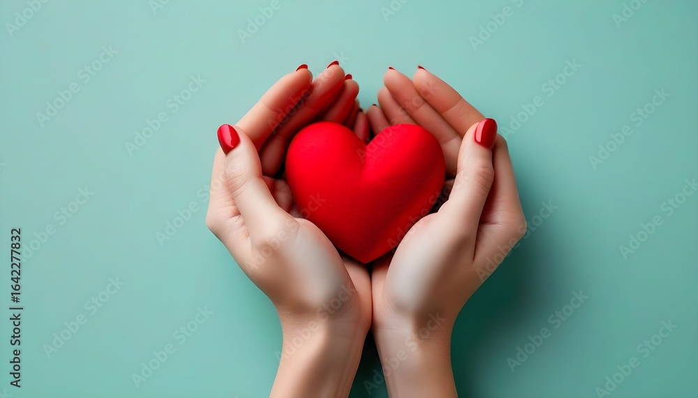 Obraz premium Gentle hands carefully cradle a small, plush red heart against a serene teal backdrop.